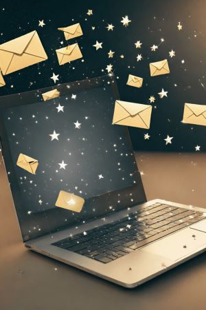 Grafik eines Laptops aus dem E-Mails und Glitzersternchen herausfliegen