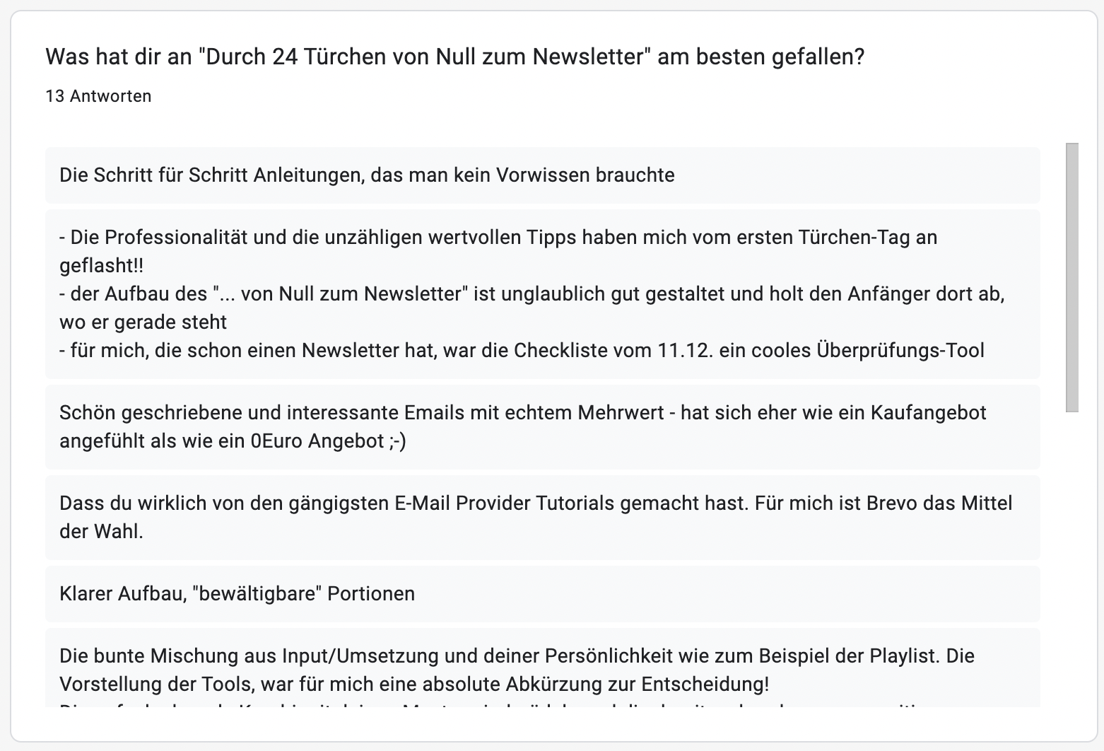 Screenshot vom Feedback ehemaliger "Von Null zum Newsletter" Teilnehmer:innen, die die größten Benefits dieses Angebots beschreiben