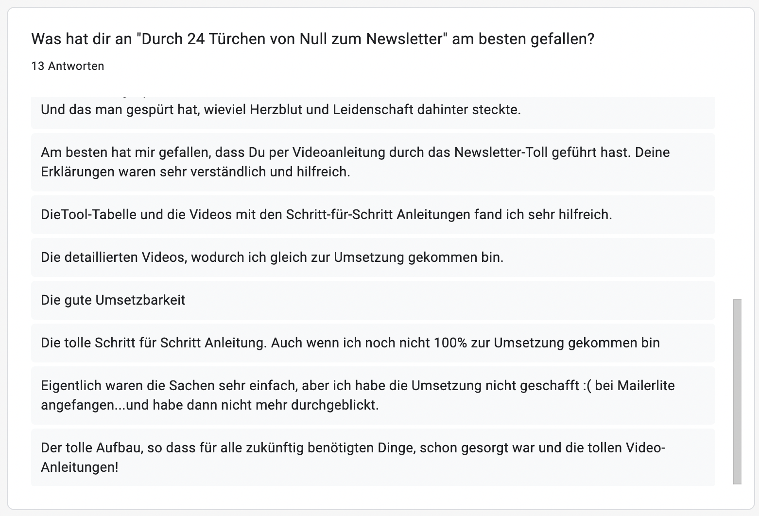 Screenshot vom Feedback ehemaliger "Von Null zum Newsletter" Teilnehmer:innen, die die größten Benefits dieses Angebots beschreiben (Teil 2)